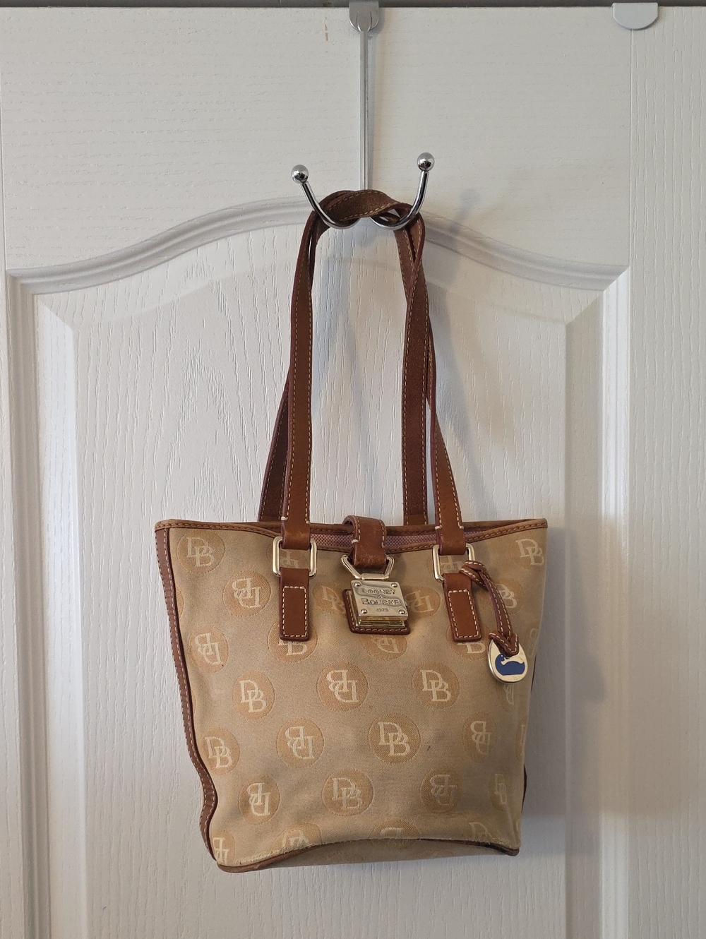Vintage Dooney & Bourke Beige Logo Canvas Tote with Brown Leather Trim